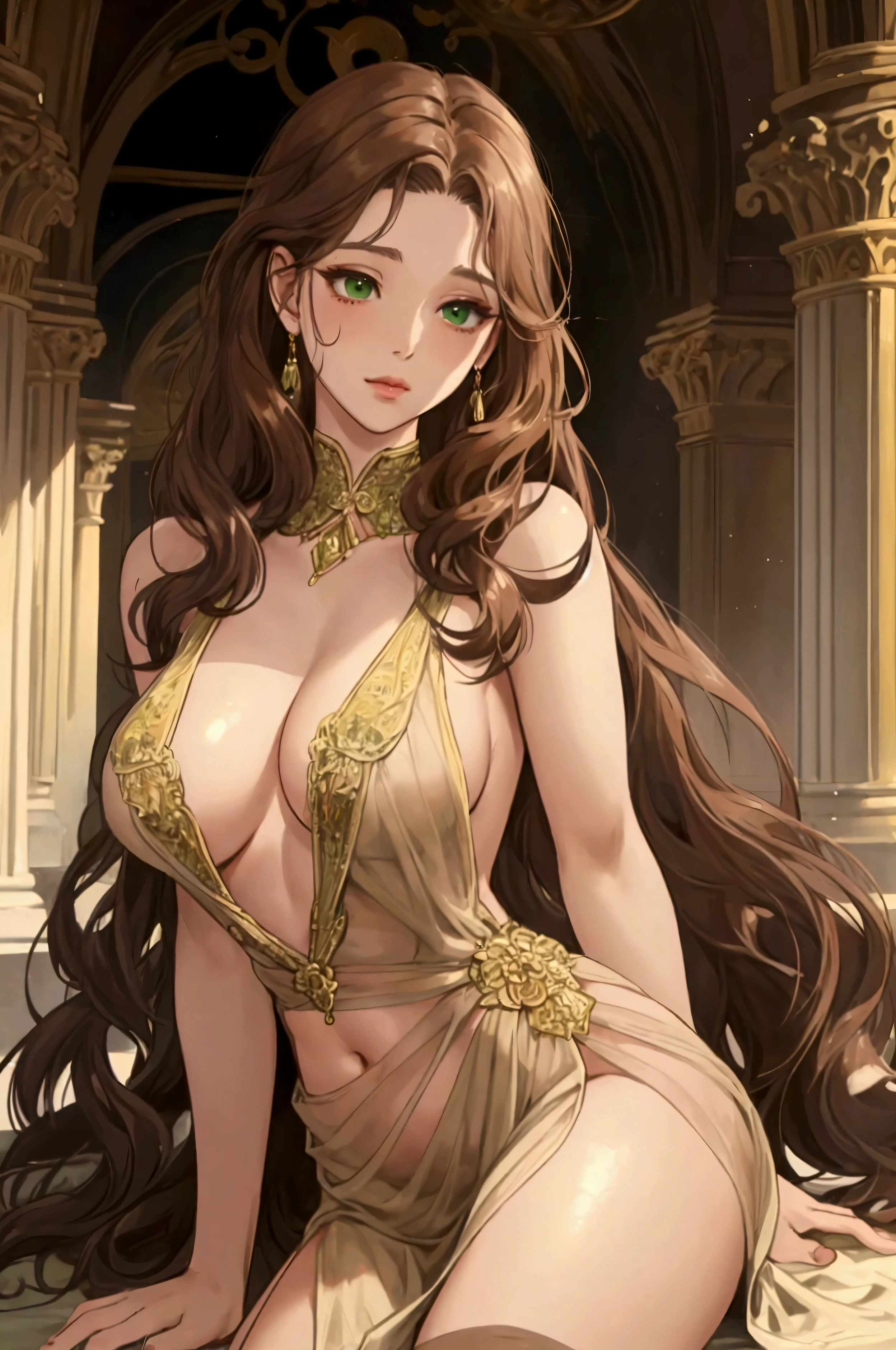 Dark beige skin, brown curly hair, green eyes, Middle-aged woman, beauty, reddened cheeks, aroused, seductive, masterpiece, Ancient city in the background, gownungsstil der Antike, Unbecoming, gown, Reveals skin on the legs, Reveals skin on the hips, Reveals skin on the breasts, Anime Style