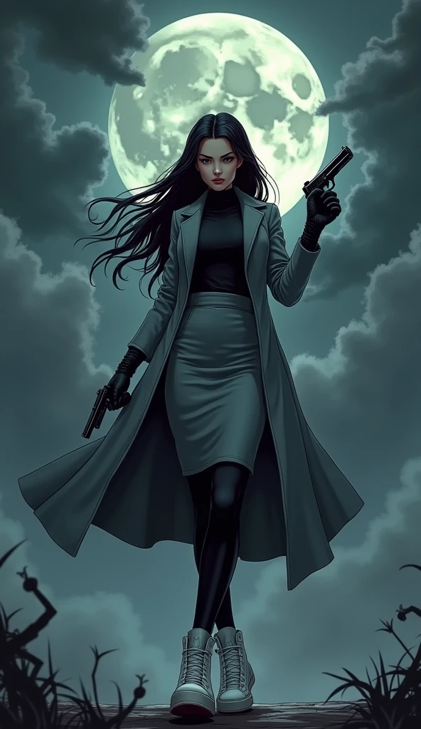The one girl, long black hairs, yuri, Vampire Hunters.
The girl wear a grey long coat, black shirt, grey pencil skirt, black underpants, black tights, black gloves, white sneakers high top, holding a one pistol gun, pointing a gun.
black grey sky, fantastic night sky, moon, cartoon novel, 4K, HD