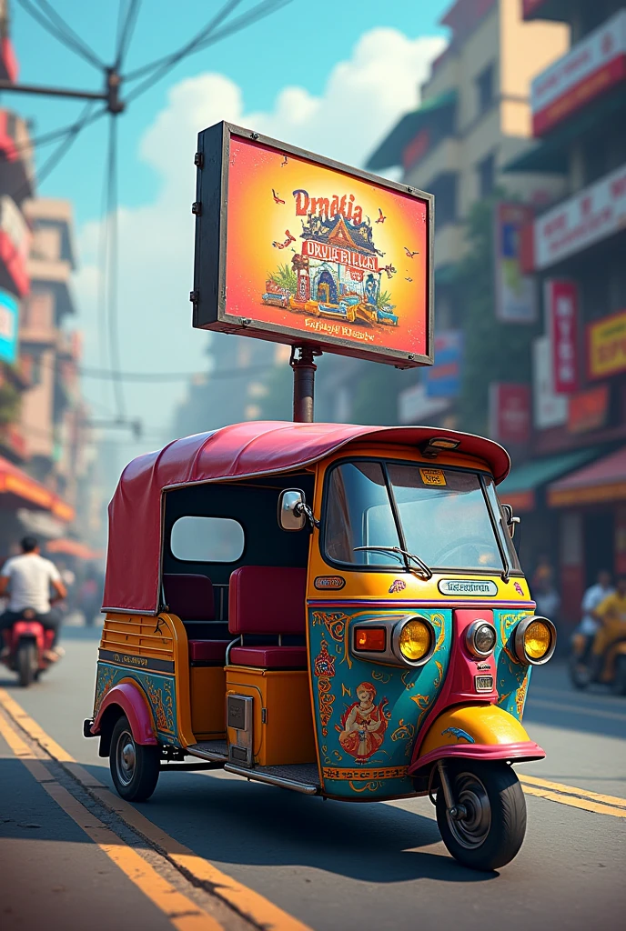Auto rikshaw with a bill board vertically placed on auto's back side showing the advertisement to the public