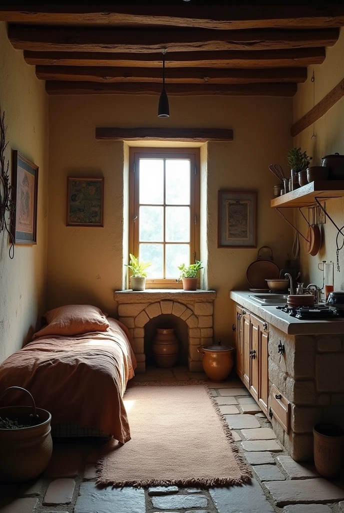 a backdrop for a stage set, this is inside a rustic house, on the right is the stone kitchen, pot and utensils and to the left in the same room is the bed and above a window