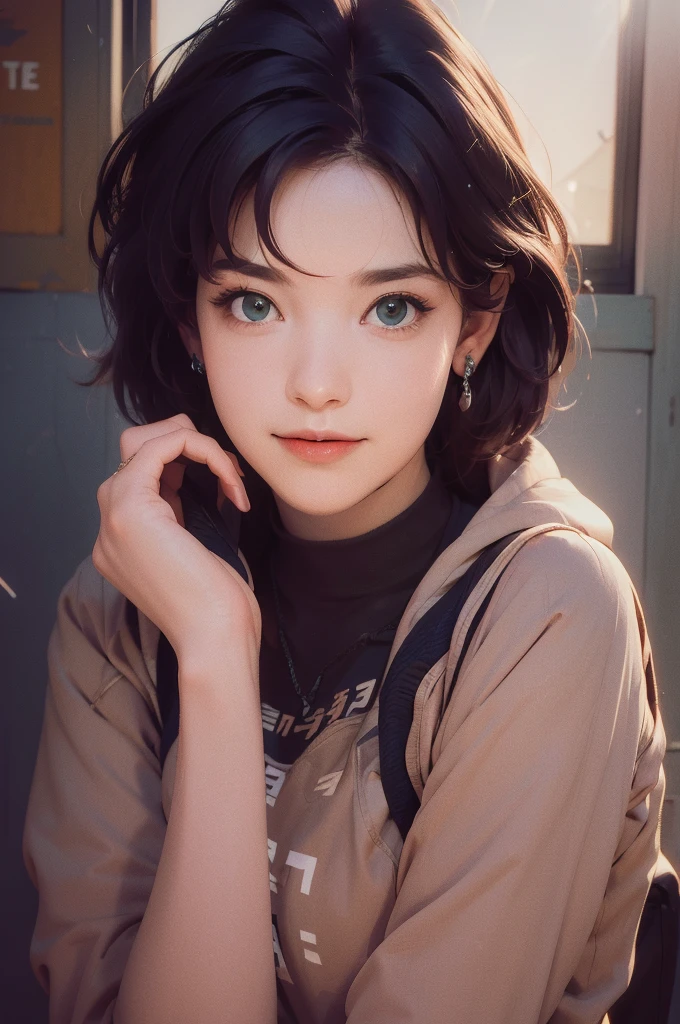 A young girl in realistic portrait of high quality and detail, movie style, younger face, (realistic face), (dark blue hair, short hair:1.3), beautiful hairstyle, realistic eyes, beautiful dark green detailed eyes, (realistic skin), beautiful skin, She is wearing a hoodie and sleeveless, Belle (Zenless Zone Zero), happy face, glow, eye shadow, 1girl, Depth & Perspective, smiling on her face, fine face, she is standing in the video rental salon, Hands in pockets, a showcase with VHS tapes in the background, indoors, sunlight from windows, looking at viewer, (ultra-high detail:1.2), Masterpiece, Best Quality, Ultra-detailed, Cinematic lighting, 8K, delicate features, cinematic, 35 mm lens, f/1.9, highlight lighting, global lighting –uplight –v 4, cinematic, Cinematic lighting, 8K, high quality, Highest Quality, (Solo Focus), (extremly intricate:1.3), (Realistic), masterful, Analog style, (Film grain:1.5), (warm hue, cold tone), 