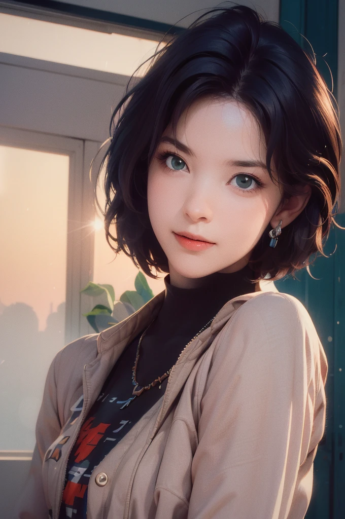 A young girl in realistic portrait of high quality and detail, movie style, younger face, (realistic face), (dark blue hair, short hair:1.3), beautiful hairstyle, realistic eyes, beautiful dark green detailed eyes, (realistic skin), beautiful skin, She is wearing a hoodie and sleeveless, Belle (Zenless Zone Zero), happy face, glow, eye shadow, 1girl, Depth & Perspective, smiling on her face, fine face, she is standing in the video rental salon, Hands in pockets, a showcase with VHS tapes in the background, indoors, sunlight from windows, looking at viewer, (ultra-high detail:1.2), Masterpiece, Best Quality, Ultra-detailed, Cinematic lighting, 8K, delicate features, cinematic, 35 mm lens, f/1.9, highlight lighting, global lighting –uplight –v 4, cinematic, Cinematic lighting, 8K, high quality, Highest Quality, (Solo Focus), (extremly intricate:1.3), (Realistic), masterful, Analog style, (Film grain:1.5), (warm hue, cold tone), 