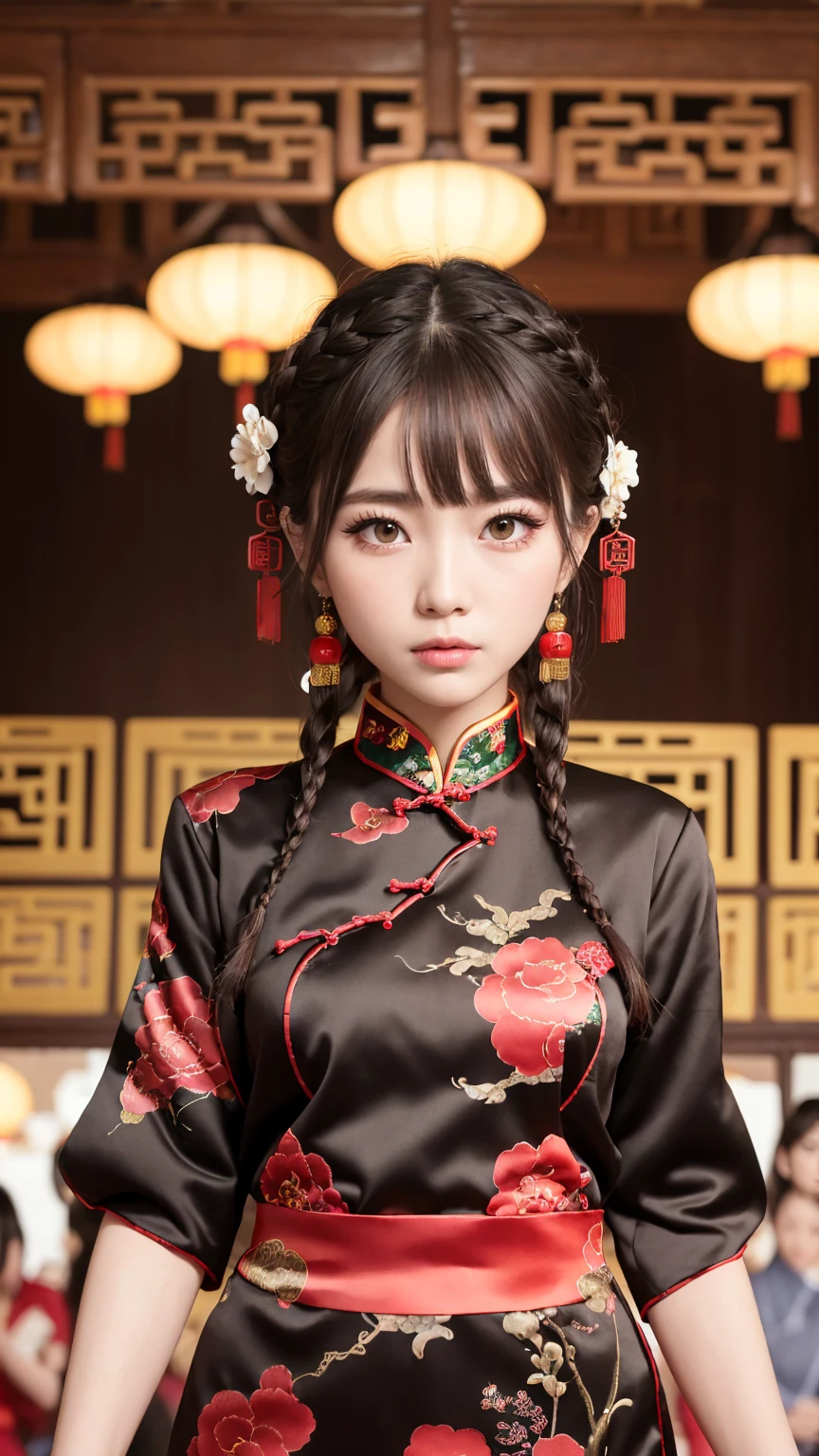 Realistic, masterpiece, Highest quality, Highest Resolution, Anatomically correct, Accurate Anatomy, 7 heads, Height: 165cm, One Japanese woman, Staring at the audience, Open your mouth and laugh, Staring at the audience, Fine and beautiful eyes, Sparkling eyes, Thin eyebrows, Gives lashes a delicate finish, False eyelashes, (Chinese traditional makeup:1.2), (Dumpling+Braided hair, Blunt bangs, Brown Hair:1.2), Detailed face, Sharp Eyes, (Traditional Chinese Dress, Clothes that fit snugly to the body, Random Color:1.3), Upper body photo, Background like ink painting