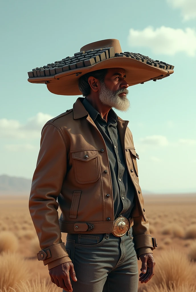 A cowboy hat, but on the brim of the hat it has a keyboard replacing the brim of the hat