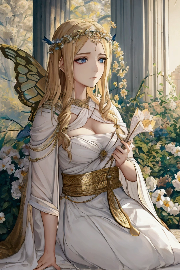 ((best qualityer)), ((work of art)), ((cinematic)), (detailded), blonde Greek princess, wearing an ancient Greek cloak, butterfly wings, , surrounded by flowers, She has a serene look on her face.