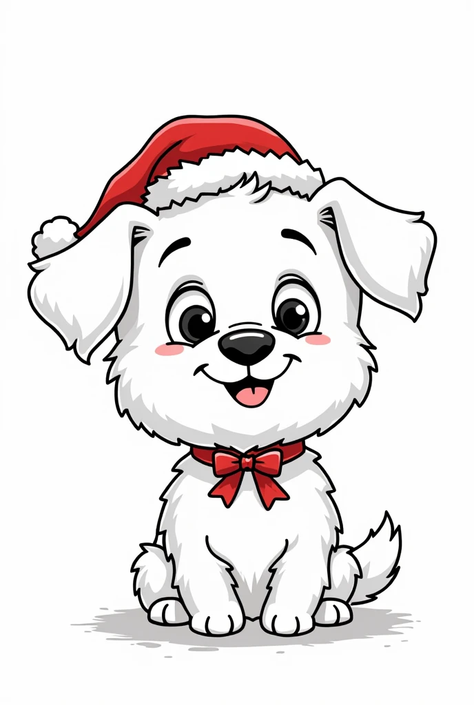 full image cute pixar style christmas dog with thin black lines, white background for coloring