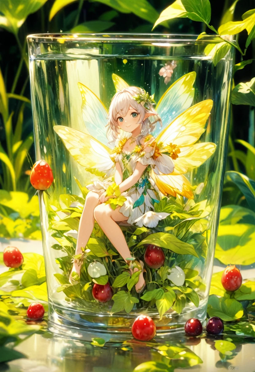 There is a glass with a fairy sitting on top of a plant.。, Fairy portrait, Fairy portrait, Detailed anime art, high detailed Official artwork, Detailed anime artwork, Anime fantasy artwork, Beautiful fairyたち, Beautiful anime artwork, Official artwork, Beautiful fantasy anime, High-resolution anime art, Summer Forest Fairy Queen, Insect trainer, Cute and detailed digital art, Beautiful fairy