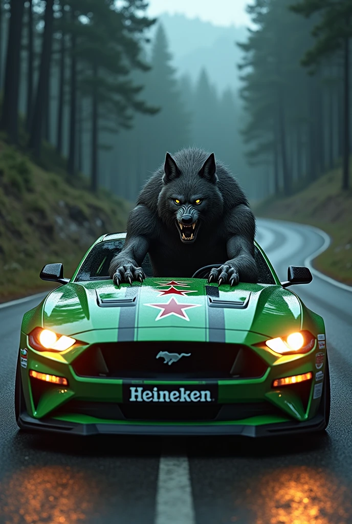 (photorealism:1.2), Werewolf driving a Heineken Mustang