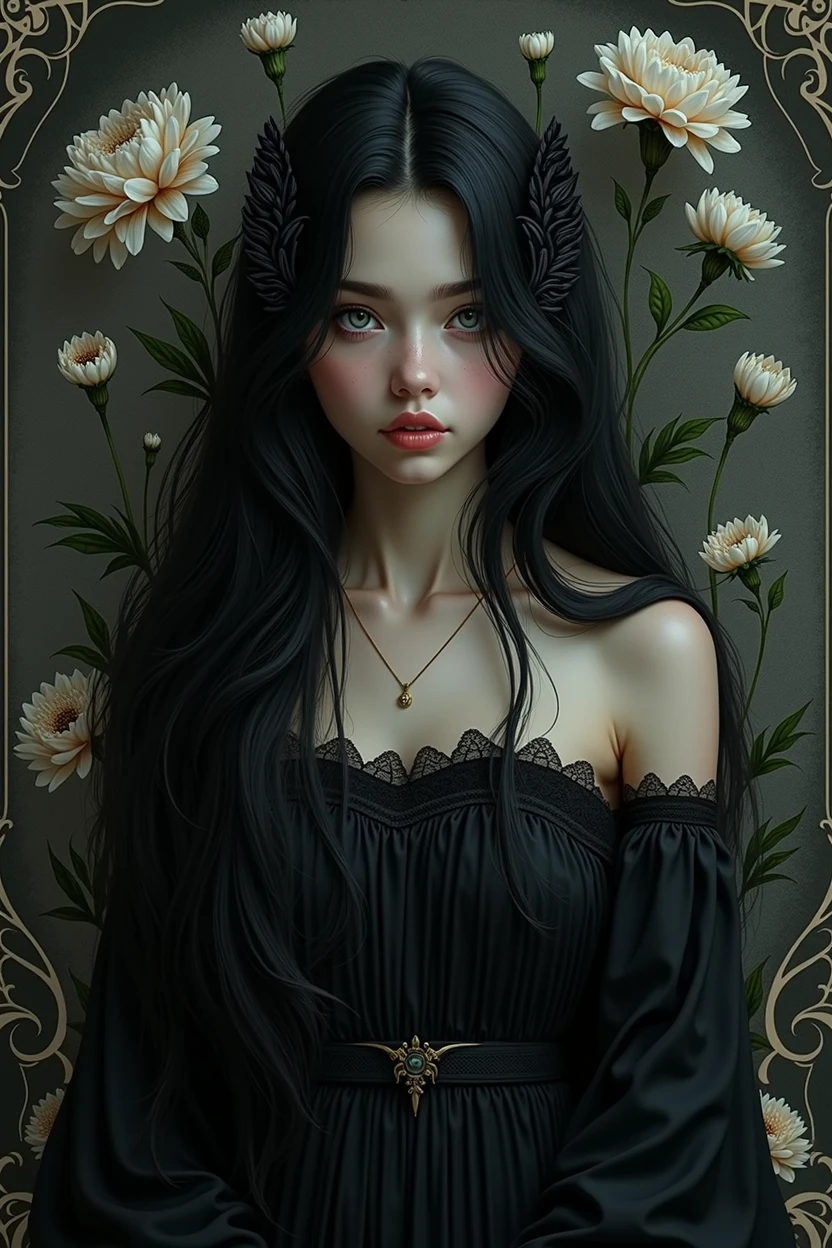 A girl with black hair and white eyes, dressed in dark , The background is adorned with intricate patterns of flowers and leaves., with a black color scheme, taken from front shot, looking at viewer with high resolution and high detail, a masterpiece.