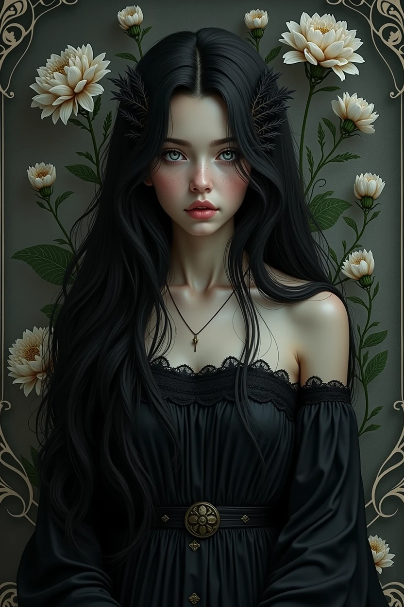 A girl with black hair and white eyes, dressed in dark , The background is adorned with intricate patterns of flowers and leaves., with a black color scheme, taken from front shot, looking at viewer with high resolution and high detail, a masterpiece.