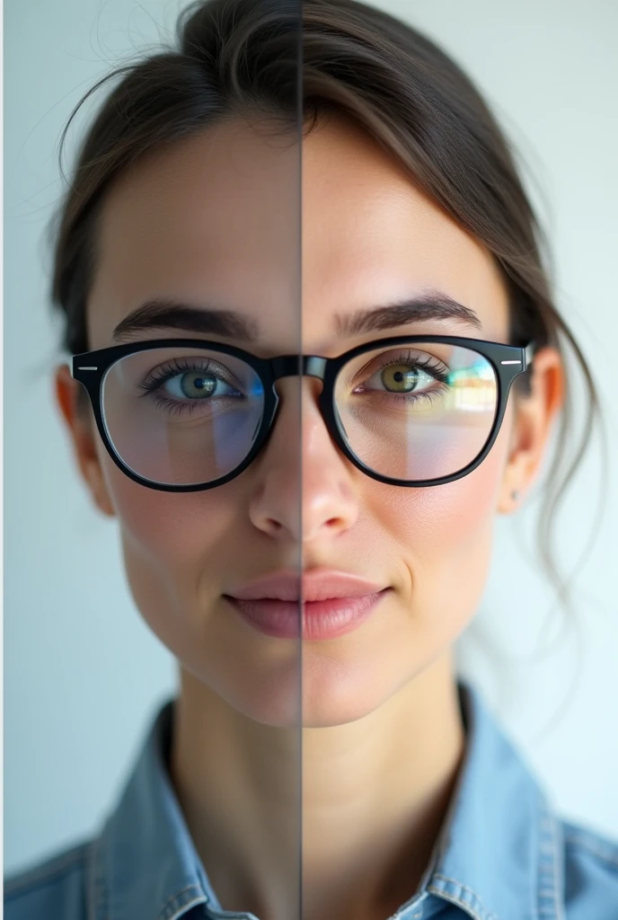 Image divided into two parts: The left side shows a person wearing glasses with reflections, while the right side shows the same person wearing anti-reflective glasses..
 The image should be attractive, clear and easy to understand to convey the benefits of anti-reflective lenses