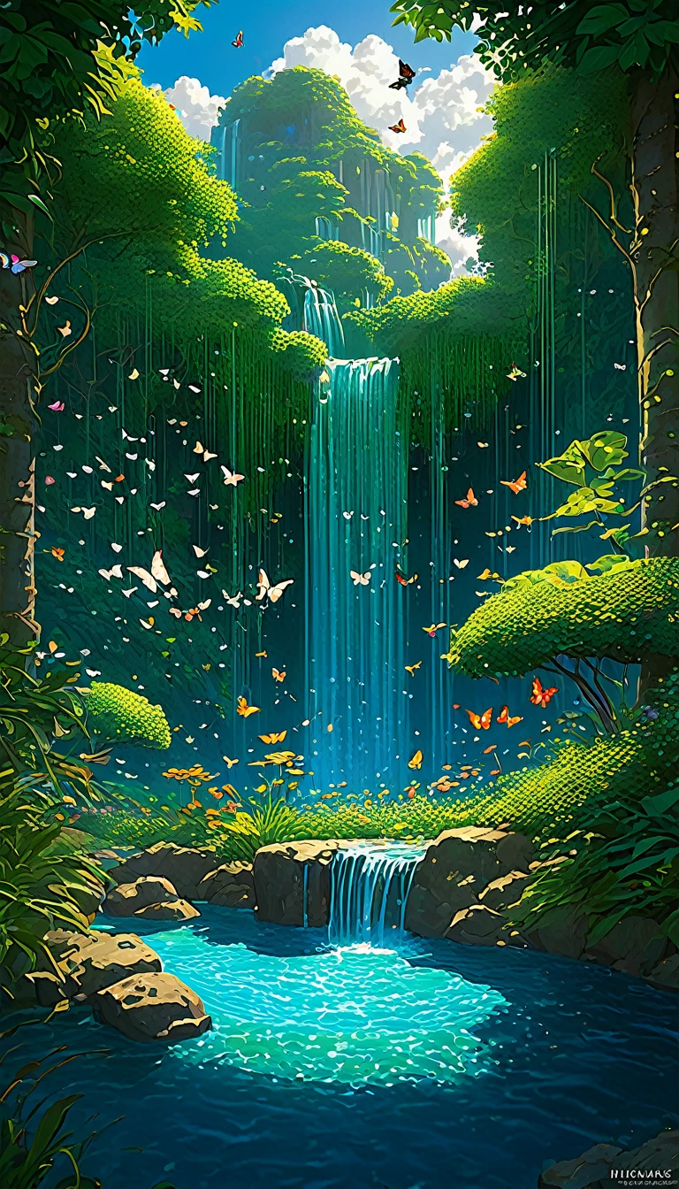 photorealistic scene of a nature wallpaper in 4K quality, in the style of digital illustration inspired by Satoshi Kon, depicting a dreamlike garden with floating islands, waterfalls cascading down, and glowing butterflies, ULTRA Style Kilian Eng and Thomas Kinkade, Rob Gonsalves and Tim White , silvain sarriel. Rhads and Thomas Kinkade, inspired by RHADS, cyril rolando and m.I'm confused, cyril rolando and m. I'm confused, Rhads!!!, animated background, animated background art, beautiful anime scene, sobre las clouds, Kilian Eng y Thomas Kinkade, Rob Gonsalves y Tim White., silvain sarriel, Rhads y Thomas Kinkade, inspired by RHADS, cyril rolando and m.I'm confused, cyril rolando and m. I'm confused, Rhads!