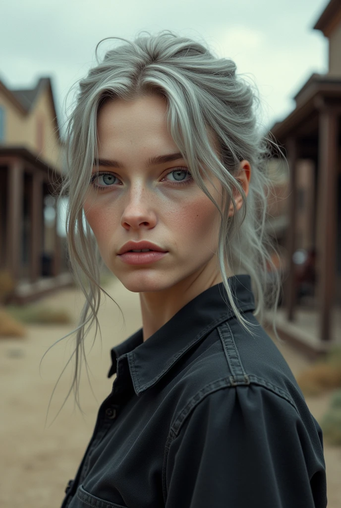 Photorealistic image of a young albino woman with light gray messy hair, light blue eyes and pale lips, very light brows and eyelashes, dressed in a dark cowboy shirt. The setting is USA, 1900s, the background is an old town of that era.