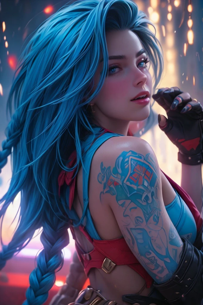 Hyper realistic super detailed Jinx cosplay, wearing a bikini and shorts, Very detailed, (hyper realistic: 1.4), looking at viewer, twin braids, long hair, blue hair, red eyes, ((blue tattoo on right arm)) , wearing a Jinx costume, arcane style. (( Cinematic graffiti background)), sitting on bed with legs spread in bedroom, cameltoe, open seductive smiling mouth, legs spread, happy worshipping, manspreading, hands behind back, hands not visible