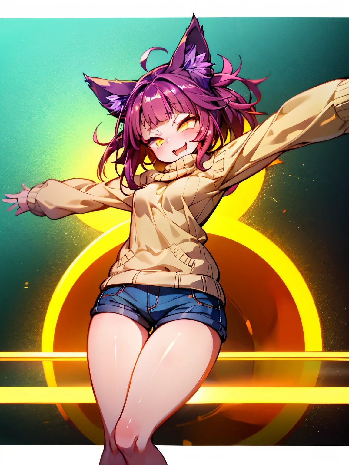photorealistic, 1girl, saturated violet hair, orange fox ears (1.7), flat chest (1.7), puffed out her cheeks, saturated glowing bright orange eyes, cat-like pupils (2), sandy beach, denim shorts, sweater, narrow waist (2), tired but happy eyes, stretched out her arms for a hug