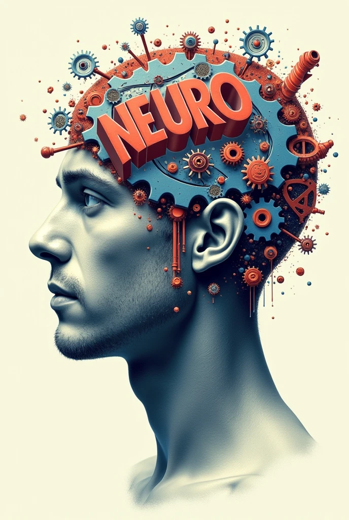 Poster of a man's face with typographic illustrations, gears and elements that symbolize neurology, Create brain shapes with 3d text "neuro", side view of face shape, 