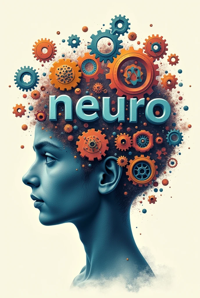 Poster of a man's face with typographic illustrations, gears and elements that symbolize neurology, Create brain shapes with 3d text "neuro", side view of face shape,