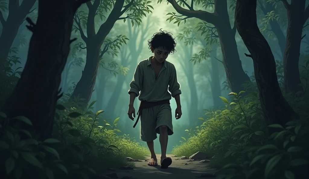 A distressed young man walking alone through a dense forest. His face is marked with frustration and sadness, his clothes are simple, and the surrounding forest is lush but shadowed, reflecting his troubled mind.