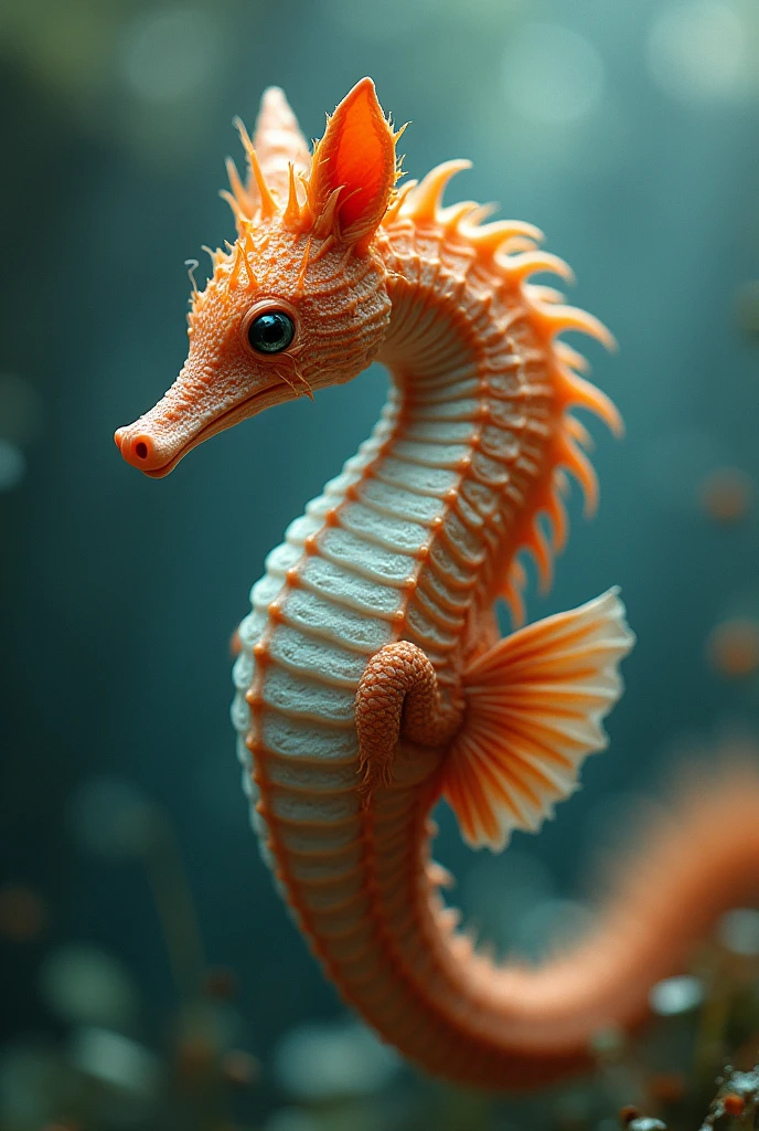 (best quality, masterpiece, ultra detailed, ultra high res, photorealistic, raw photo, absurdres, absolutely resolution), A fictional creature that combines a seahorse and a fox