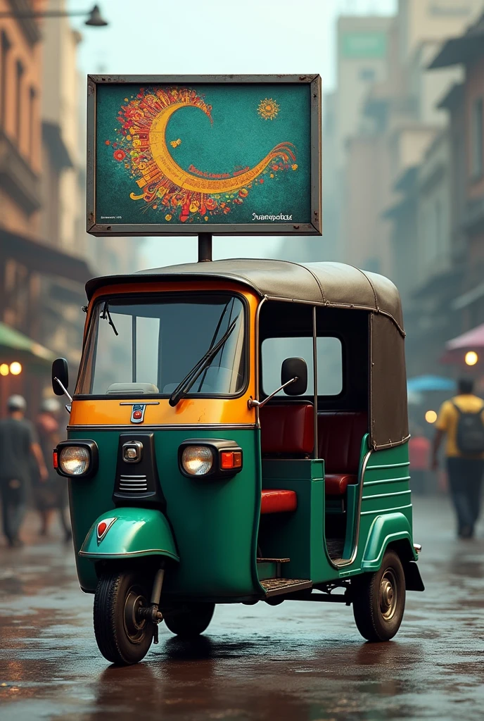 Realistic Auto rikshaw image with a bill board vertically placed on auto's back side showing the advertisement to the public