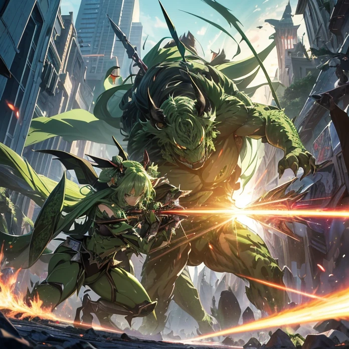 High Resolution, Anime, Character Design, Digital Art, HD, Best Quality, Masterpiece, Super Detailed, high fantasy, chaos
{{creature: (green praying mantis-with iguana head and face)((fighting against rhinoceros, with a laser shooting spear while roaring furiously),morning day,white crystal buildings, crystal walls, fire around, laser explosions around))}}