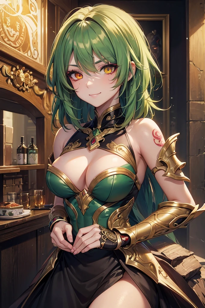 masterpiece,best quality,extremely detailed CG,ultra-detailed,1woman,dragon woman,smirk,eyeshadow,face tatoo,sexy make up,tan skin,lite green hair,heterochromia,yellow eye,dark red eye,dress armor,medium hair,pony tile,hair over one eye,