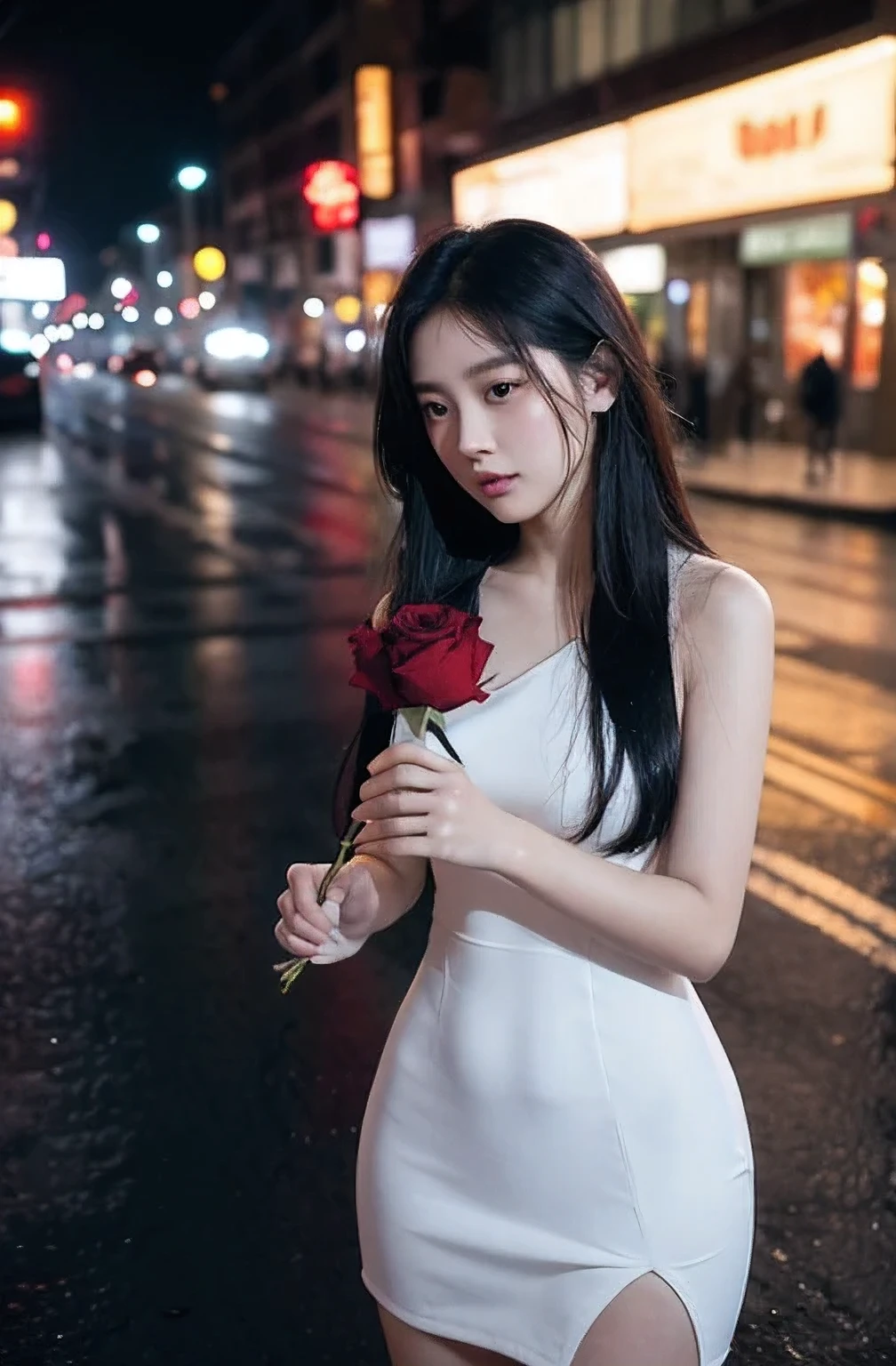 Scene Overview: A beautiful young Thai woman with fair skin and an oval face, aged 20-25, wearing a white sexy dress and holding a red rose
Visual Elements: Streets wet from rain, neon lights reflecting on the pavement
Lighting and Colors: Vibrant yet isolated, blues and purples dominate
Dynamics and Motion: The young woman holding a rose on the road
Focus and Background: Focus on the young woman holding a rose on the road, with city life blurred in the background
Emotion and Atmosphere: A profound sense of the young woman holding a rose amidst the vibrant city. Expressive and poignant scenes with a focus on the young woman and the flower, set against a backdrop of modern technology and urban spaces. The visuals should convey a deep sense of yearning and emotional struggle, with muted colors and dramatic lighting to enhance the mood.