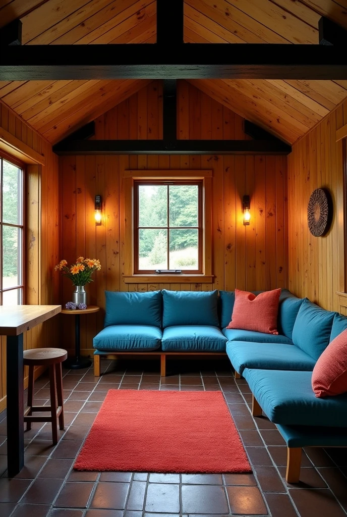 Cabin interior with painted grooved plywood, dark brown ceramic floor, and black exposed beams, with a blue sofa and a red rug