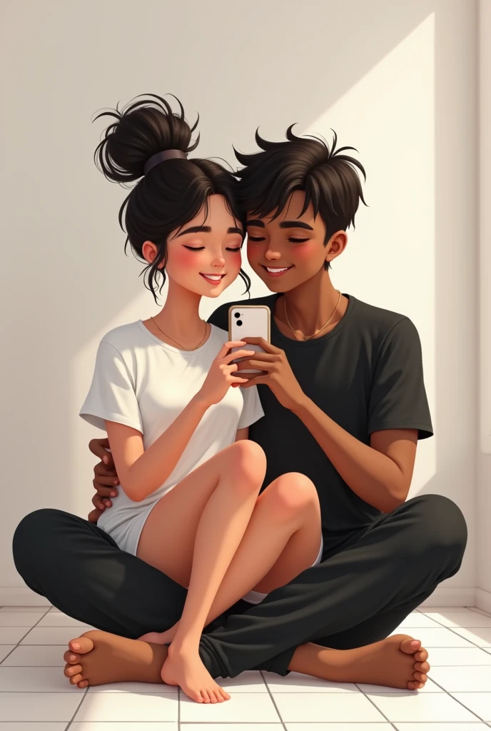 A couple sitting on the floor. Girl sittig in between  boy's legs. Girl wearing a long white t-shirt and a short  and has a messy top hair bun. both have black hair. Boy wearing a black t-shirt and a trouser. boy's legs are straight . Girl is fair but boy has a brown skin. Both sitting facing same direction (not looking at eachother) 
Both are smiling for a selfie  looking at one phone . Girl stiing in between  boy's legs
Background : a home : white walls, white tiles on the floor.
