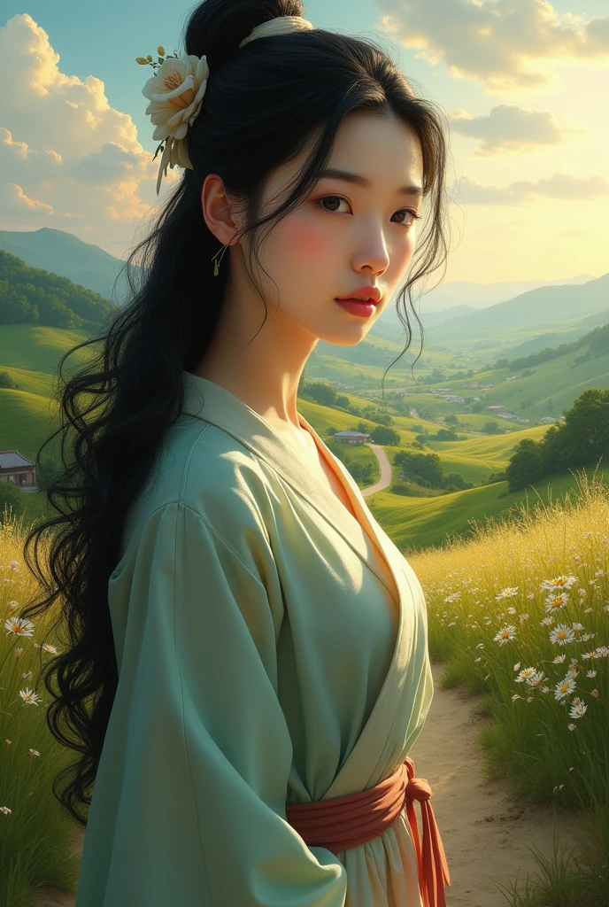 (Realisticity: 1.3), Fine, Quality, Rembrandt Lighting, (Masterpiece: 1.2), (Realisticity: 1.2), (Best Quality), (Skin Details: 1.3), (Intricate Detail), Dramatic, Idyllic, Ray Tracing, 1girl, Chinese Yellow Girl, Long Black Hair, 24 years old, Modern Clothing (Meadow, Sun, Clouds, Fields, Farms, Starlight, Trails)  
