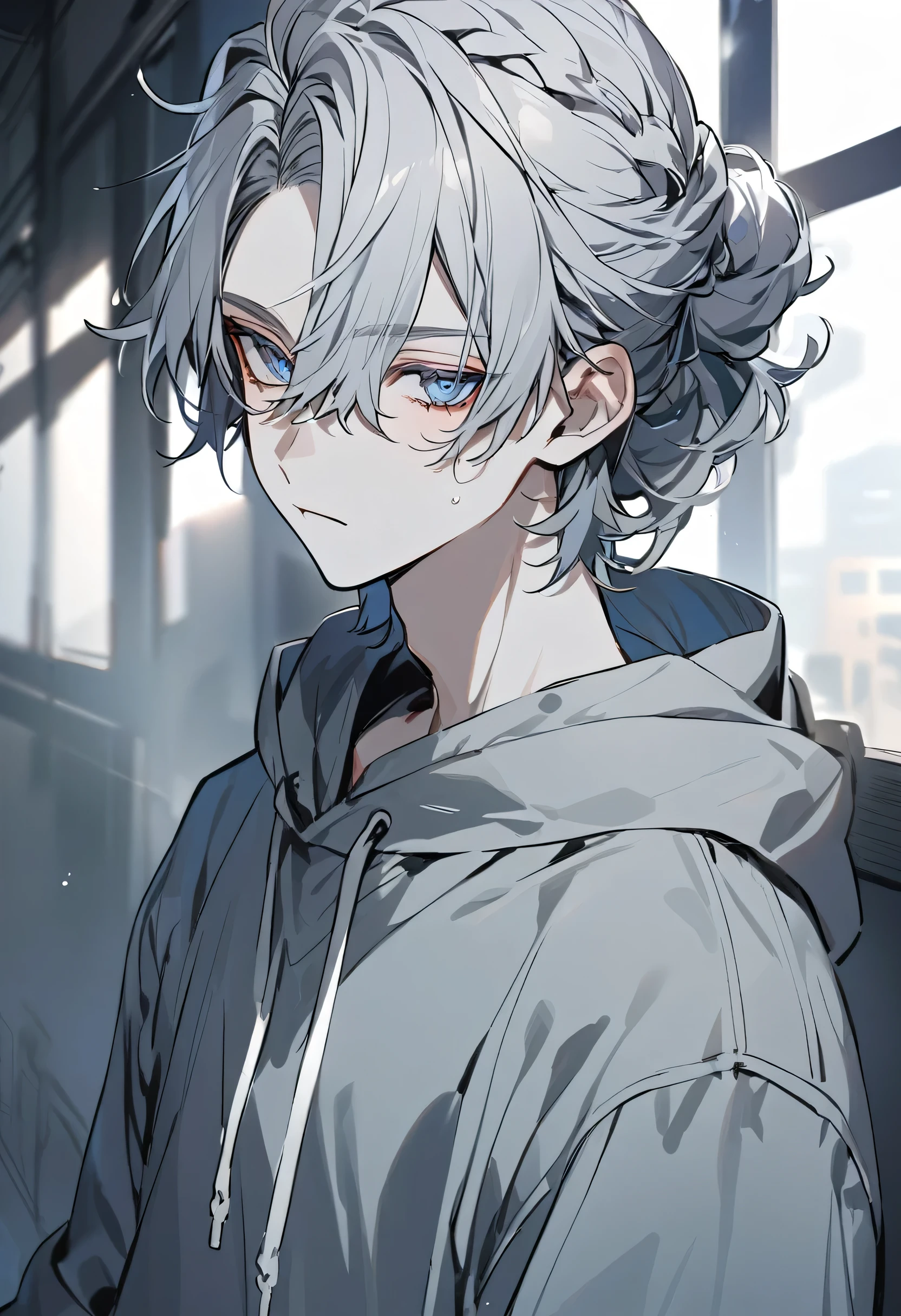 Man with shoulder-length white-gray hair in a mallow hairstyle, blue tired eyes, pale skin, wearing a grey hoodie