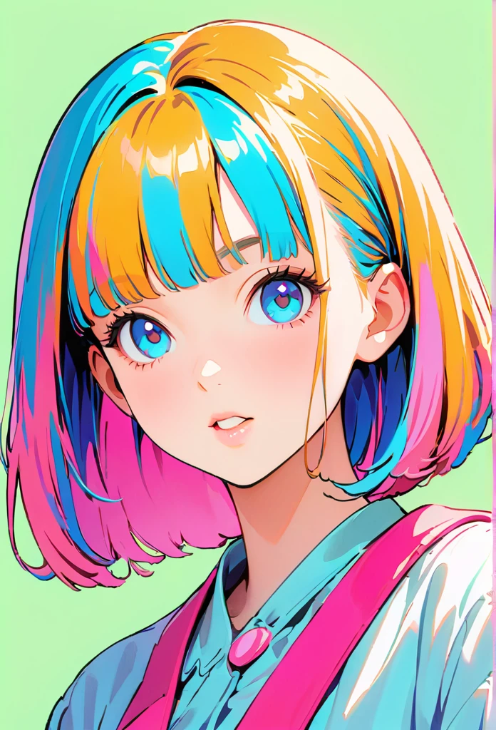 (Highest quality:1.2, City Pop Style, Very detailed, up to date, Vibrant, High Contrast, masterpiece:1.2, Highest quality, Best aesthetics), , ((Face Up Shot:1.4)), Colorful Hair, Bobcut, pastel colour, 1980s style, ((Retro, Vintage, Plain background))