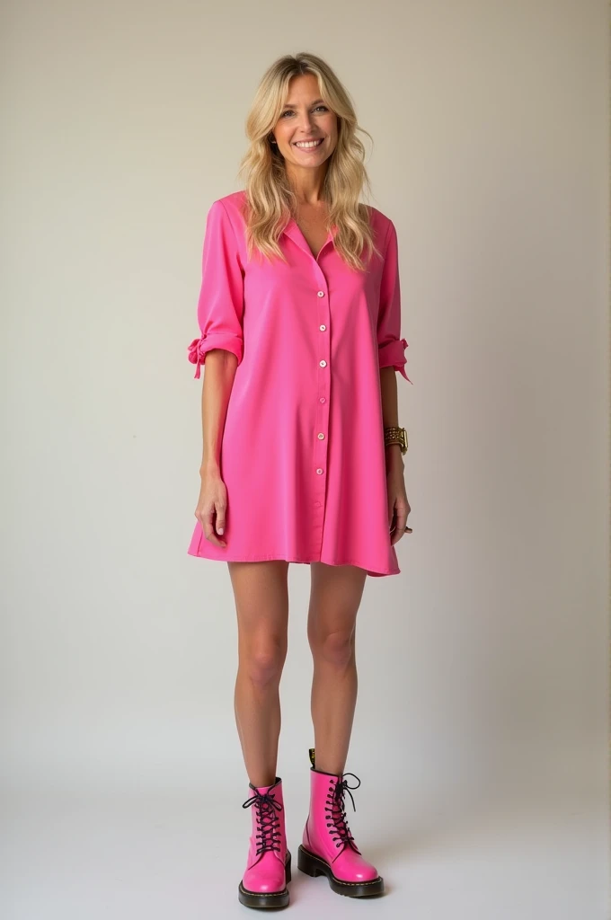 a pretty woman, 42 years old, blonde hair, Pink dress, pink Doc Martens, FULL BODY shot