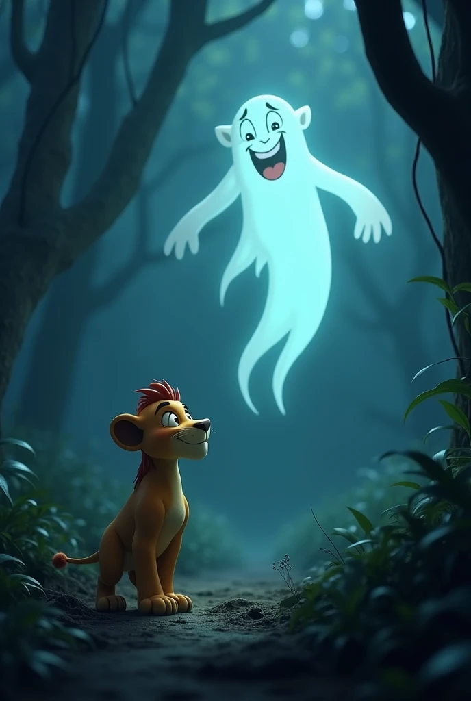 3D cinematic cartoon style image "The lion cub faces a ghost in a spooky part of the jungle. The ghost is semi-transparent, floating slightly above the ground, with a mischievous smile on its face. The ghost has a soft, blue-white glow, contrasting with the dark, shadowy background of the trees"
