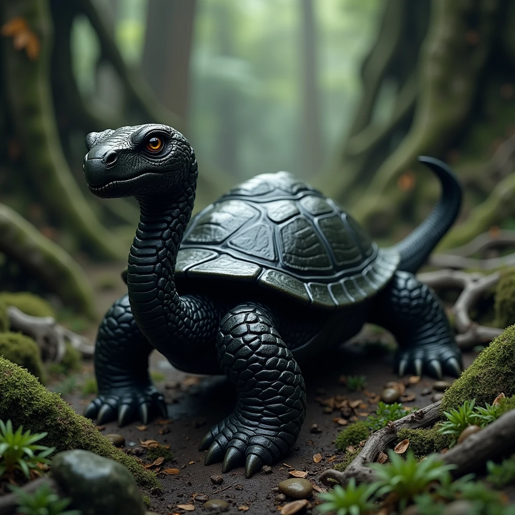 jenny turtle，detailed，8k、It has a long neck and tail like a snake.、Black turtle、リアルでdetailedな画像、wilderness