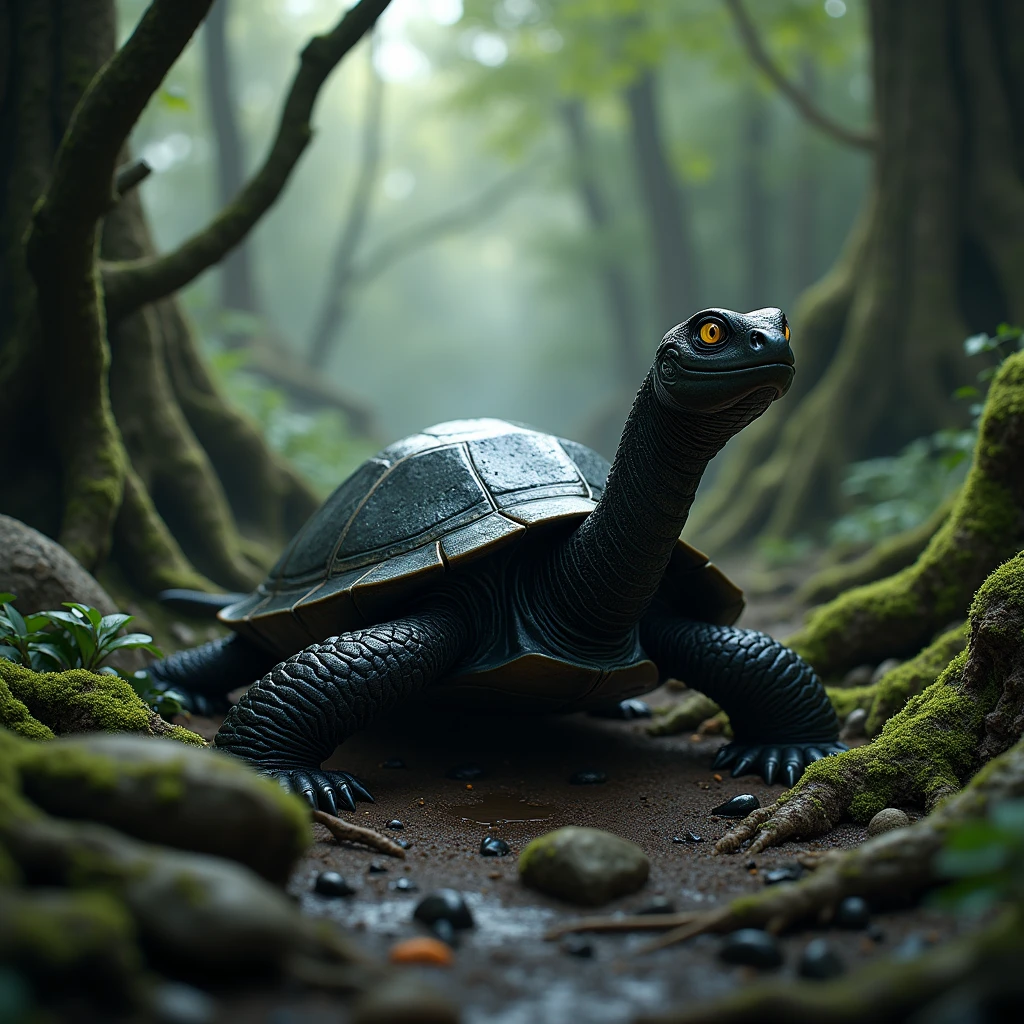 jenny turtle，detailed，8k、It has a long neck and tail like a snake.、Black turtle、リアルでdetailedな画像、wilderness