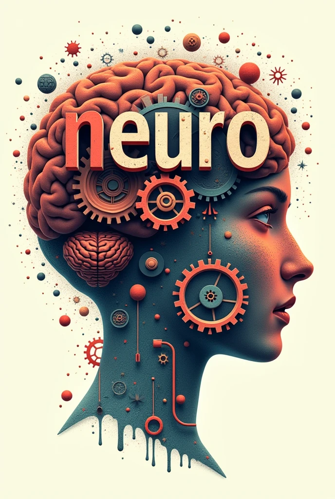 Poster with typographic illustrations, gears and elements that symbolize neurology, Create brain shapes with 3d text "neuro", side view of face shape,