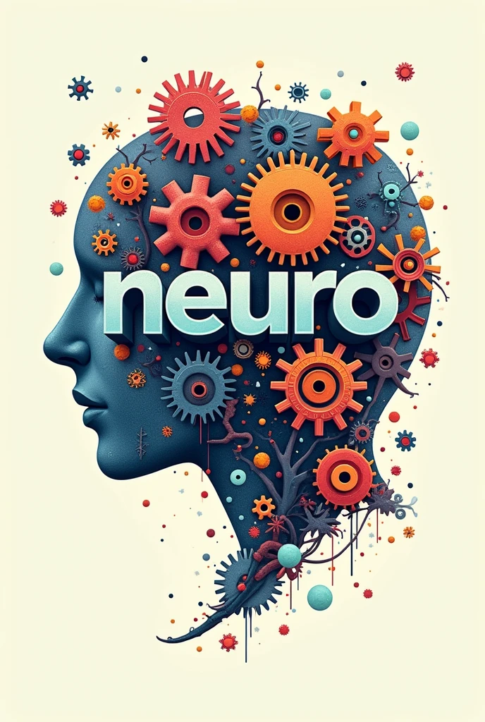 Poster with typographic illustrations, gears and elements that symbolize neurology, Create brain shapes with 3d text "neuro", side view of face shape,