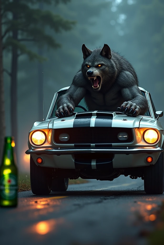(photorealism:1.2), Werewolf, driving a Mustang, Heineken