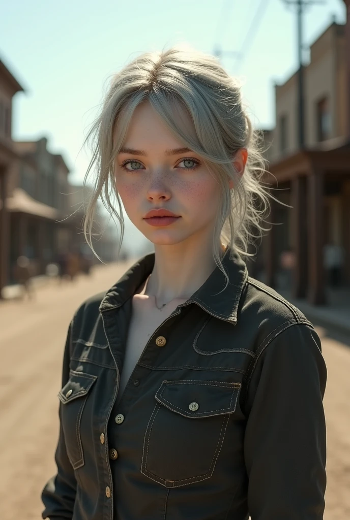 Photorealistic image of a young albino woman with light gray messy hair, light blue eyes and pale lips, very light brows and eyelashes, dressed in a dark cowboy shirt. Very light complexion. The setting is USA, 1900s, the background is an old town of that era.