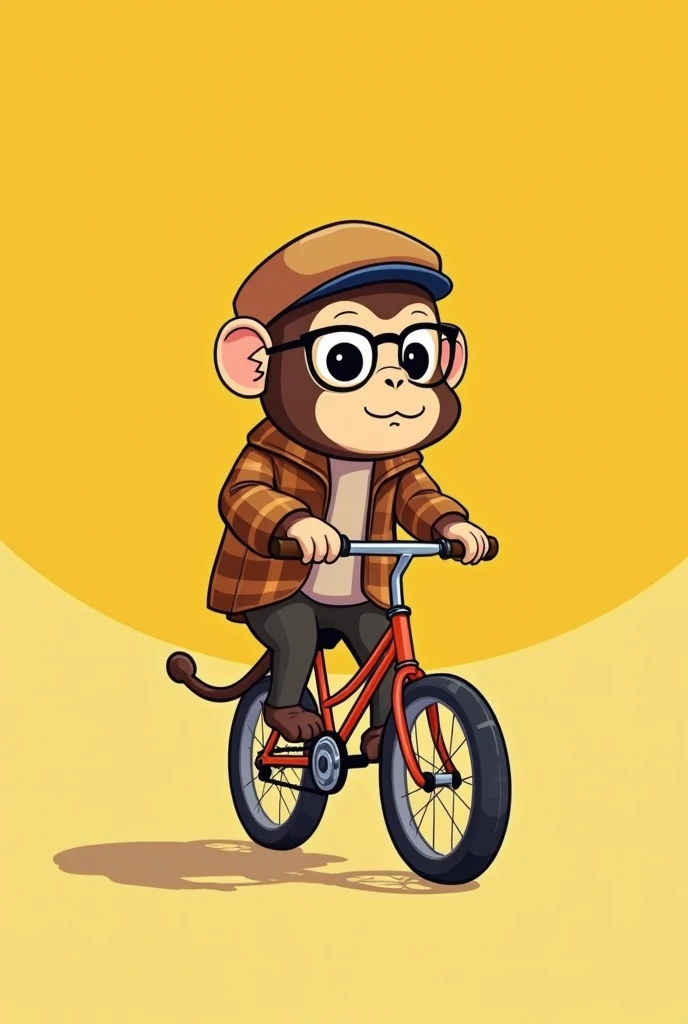Monkey riding a bike but as if drawn on a half yellow background (like light mustard) and with a brown plaid jacket,with black glasses,looking to the right totally looks like chibi with beret, without pants is a child
