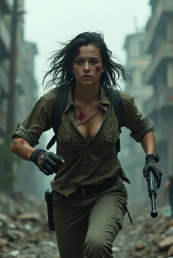 créer un univers apocalypyique avec une jeune femme brune blessé qui court avec une arme a la main