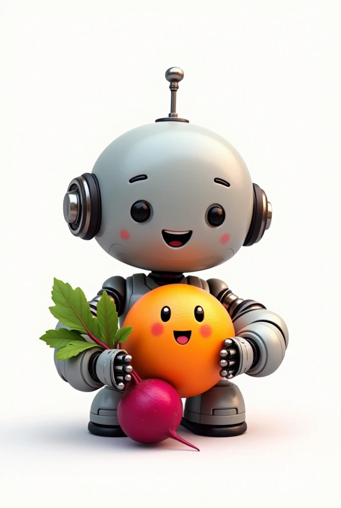 Grey iron robot, cute hugging a smiling orange and a smiling beetroot, white background 