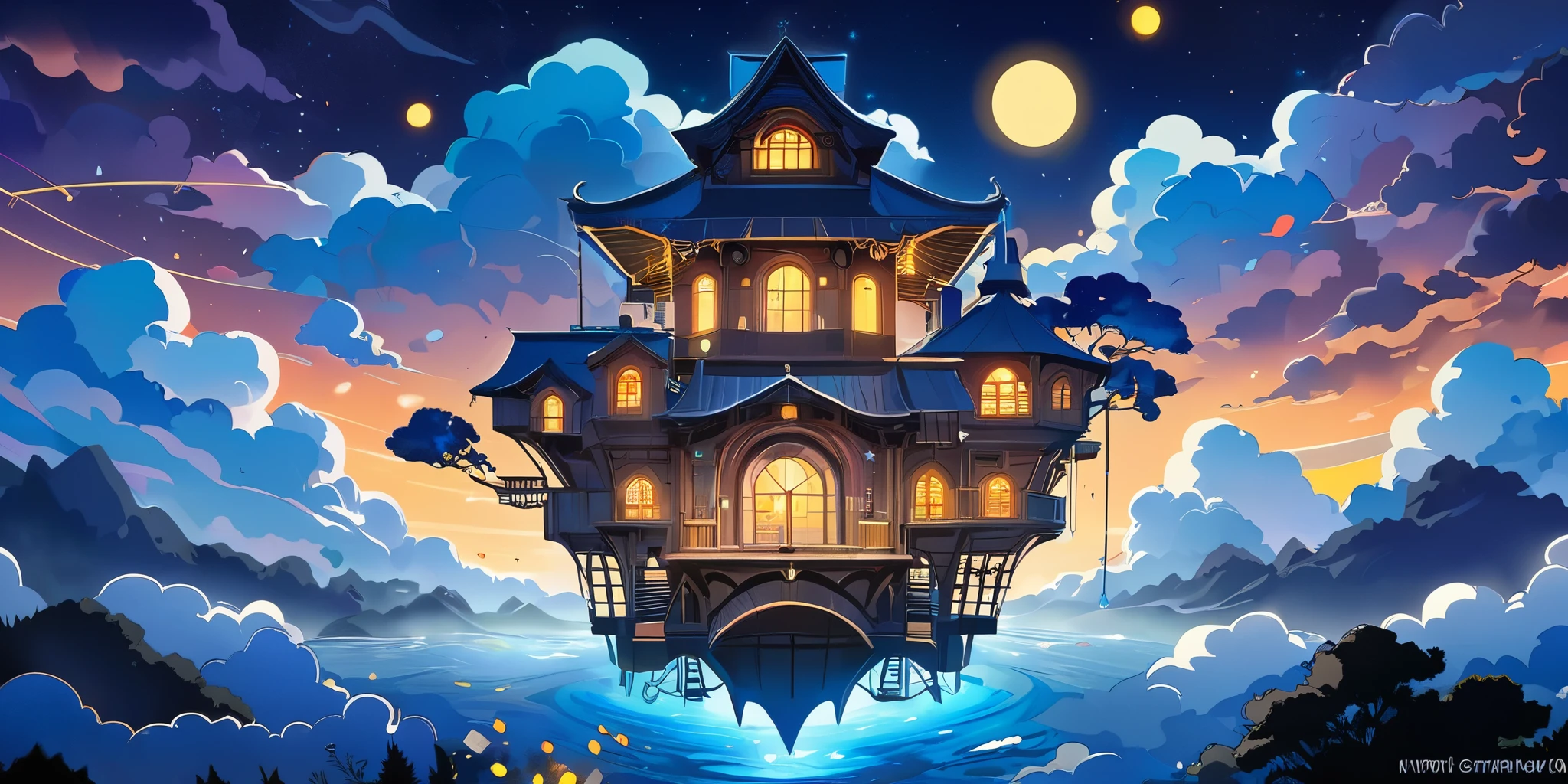 Draw a lofi anime poster style village mécanique dans les nuages, décoration de fée, cascade lumière, dans les nuage, nuages, la nuit, belle palette de couleurs bleu noir, couleurs saturées vibrantes, oeuvre d'art, Aucun humain, thème étoilée foncé