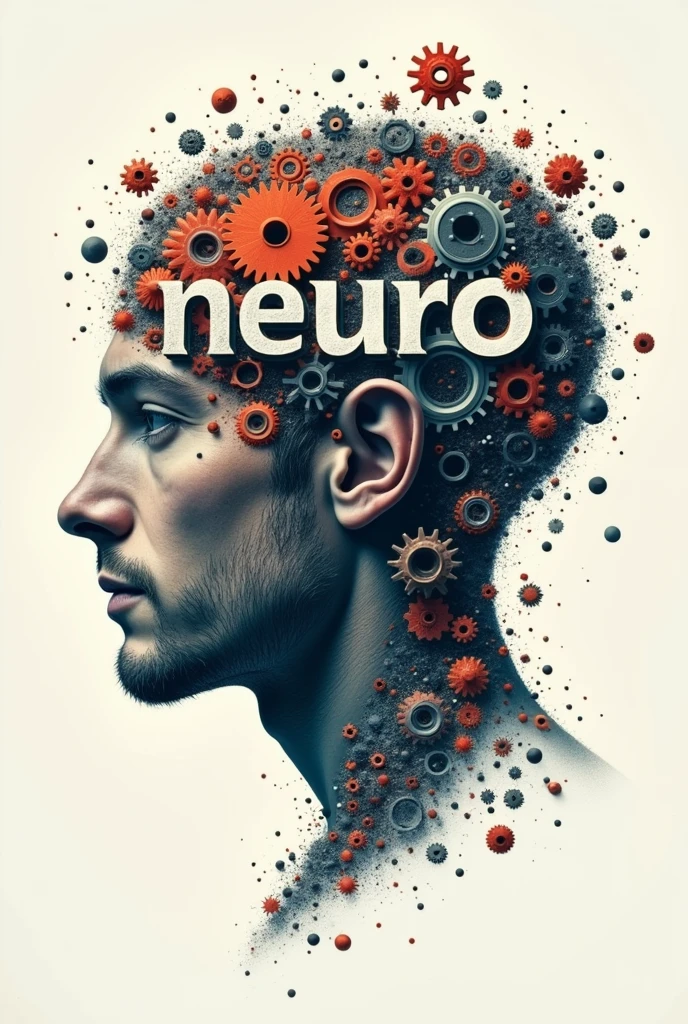 Poster of a man's face with typographic illustrations, gears and elements that symbolize neurology, Create brain shapes with 3d text "neuro", side view of face shape,