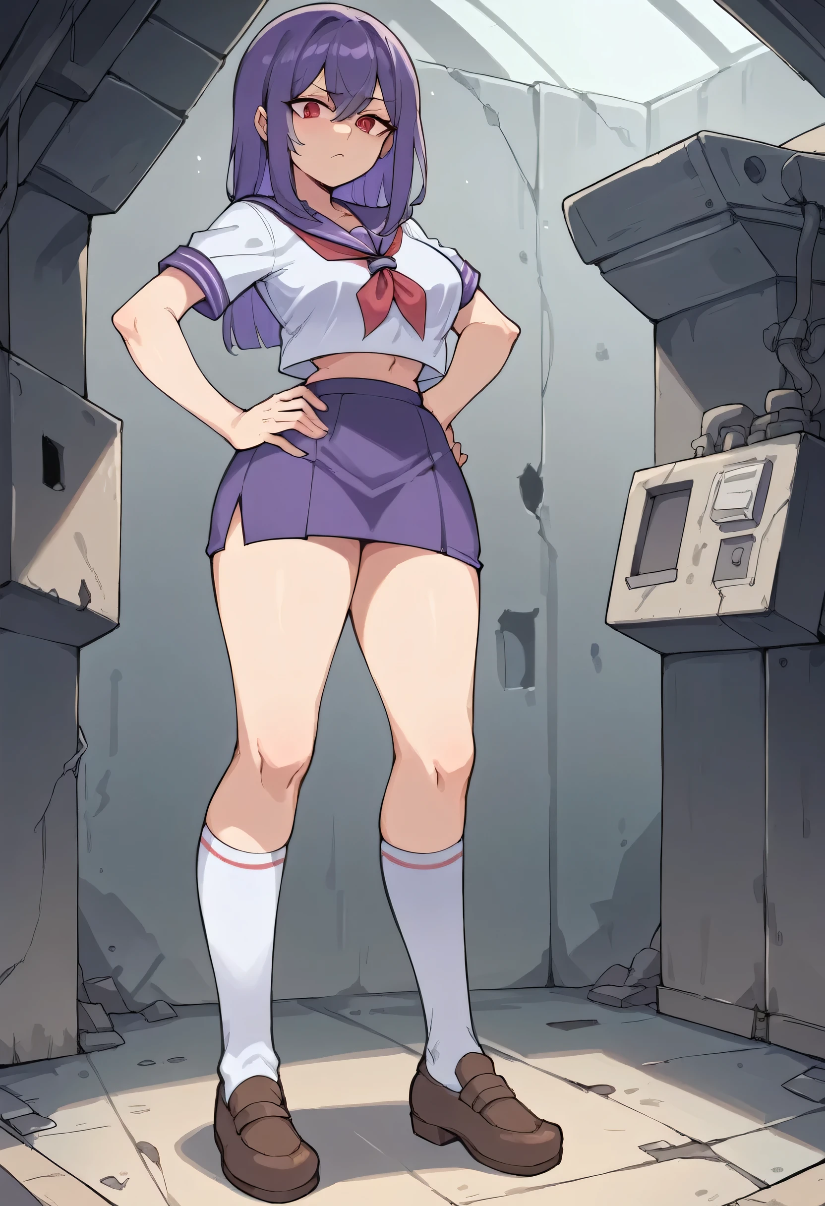 Masterpiece, best quality, Masterpiece, best quality, 1 woman , red eyes , Long purple hair , Indifferent expression , purple sailor suit , short skirt , big breasts , abdomen , Put your hands on your hips. , thick socks , Brown shoes , abandoned factory