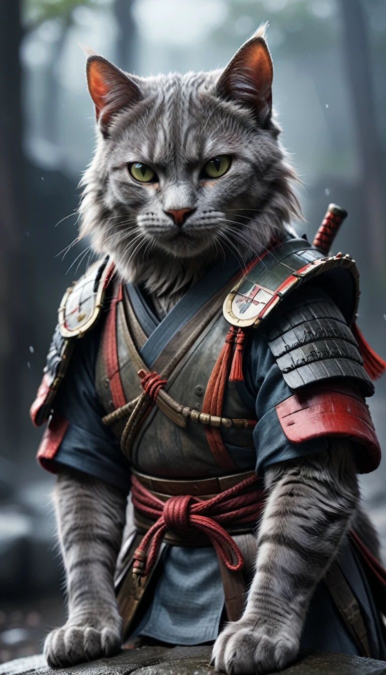 (closeup photo cinematic),a samurai gray cat, battlefield, , colorful, dark atmosphere