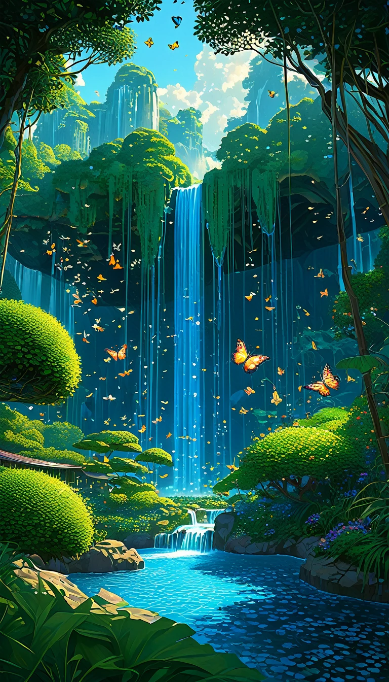 photorealistic scene of a nature wallpaper in 4K quality, in the style of digital illustration inspired by Satoshi Kon, depicting a dreamlike garden with floating islands, waterfalls cascading down, and glowing butterflies, ULTRA Style Kilian Eng and Thomas Kinkade, Rob Gonsalves and Tim White , silvain sarriel. Rhads and Thomas Kinkade, inspired by RHADS, cyril rolando and m.I'm confused, cyril rolando and m. I'm confused, Rhads!!!, animated background, animated background art, beautiful anime scene, sobre las clouds, Kilian Eng y Thomas Kinkade, Rob Gonsalves y Tim White., silvain sarriel, Rhads y Thomas Kinkade, inspired by RHADS, cyril rolando and m.I'm confused, cyril rolando and m. I'm confused, Rhads!
