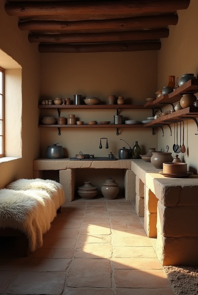 a backdrop for a stage set, this is inside a rustic house, on the right is the stone kitchen, pot and utensils and to the left in the same room is the bed and above a window, in horizontal format, that the mud walls can be seen, with nothing on the wall and thick sheepskin bedspreads IN HORIZONTAL FORMAT
