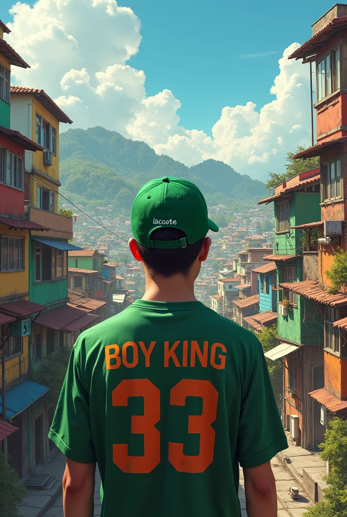 A young man with his back turned, wearing a green Lacoste cap with a shirt that reads " REI" (BOY KING) and the number 33 below. He is looking at a favela.